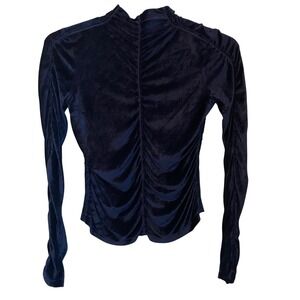 Kenzo Paris XS Sapphire Blue Ruched Velvet Mock Neck Long Sleeve Top Going Out